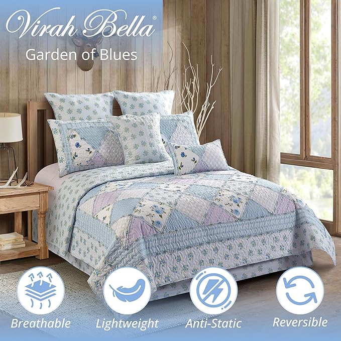 Virah Bella 3 Piece King Lodge Quilt Bedding Set - Rustic Country Reversible Comforter Set with Decorative Pillow Shams - Garden of Blues