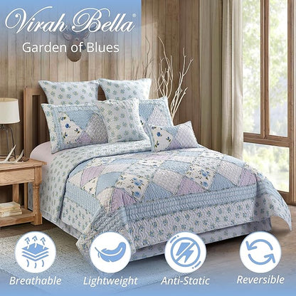 Virah Bella 3 Piece King Lodge Quilt Bedding Set - Rustic Country Reversible Comforter Set with Decorative Pillow Shams - Garden of Blues