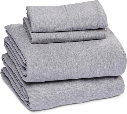 Amazon Basics 4 Piece Breathable 100% Cotton Jersey Knit Bed Sheet Set, Includes Flat and Fitted Sheets, Pillowcase, Stretchy, Full, Light Gray, Solid