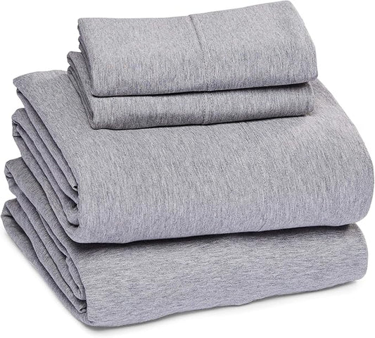 Amazon Basics 4 Piece Breathable 100% Cotton Jersey Knit Bed Sheet Set, Includes Flat and Fitted Sheets, Pillowcase, Stretchy, Full, Light Gray, Solid