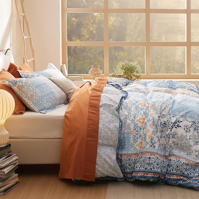 Bedsure Duvet Cover King Size - 100% Cotton Reversible Floral King Duvet Cover Set with Zipper Closure, 3 Pieces Soft & Breathable PureWoven Bohemian Blue Bedding Set with 2 Pillow Shams 20"x36"