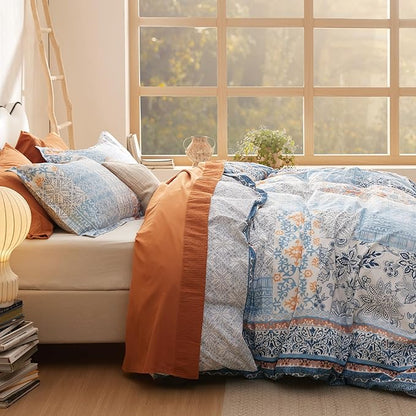 Bedsure Duvet Cover Queen Size - 100% Cotton Reversible Floral Queen Duvet Cover Set with Zipper Closure, 3 Pieces Soft & Breathable PureWoven Bohemian Blue Bedding Set with 2 Pillow Shams 20"x26"