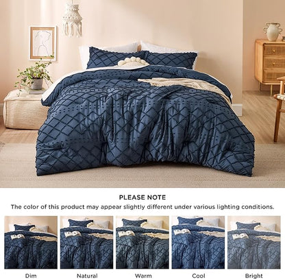 Bedsure Queen Comforter Set - Navy Blue Comforter, Boho Tufted Shabby Chic Bedding for Kids, 3 Pieces Vintage Farmhouse Bed Set for All Seasons, Fluffy Soft Bedding with 2 Pillow Shams