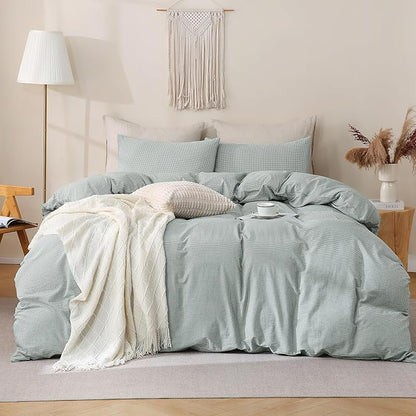 TOCOMOA Mini Gingham Green Duvet Cover Bedding Set 100% Washed Cotton Like Linen Feel Super Soft Comfortable 3 Piece Small Plaid Checkered Comforter Cover Set (King 104"x90", Comforter Not Included)