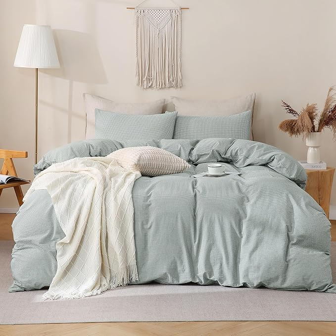 TOCOMOA Mini Gingham Green Duvet Cover Bedding Set 100% Washed Cotton Like Linen Feel Super Soft Comfortable 3 Piece Small Plaid Checkered Comforter Cover Set (Queen 90"x90", Comforter Not Included)