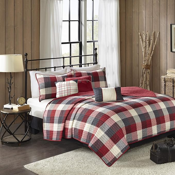 Madison Park Reversible Quilt Cabin Lifestyle Plaid Design - All Season, Breathable Coverlet Bedspread Bedding Set, Matching Shams, Ridge Red King/Cal King(104"x92") 6 Piece