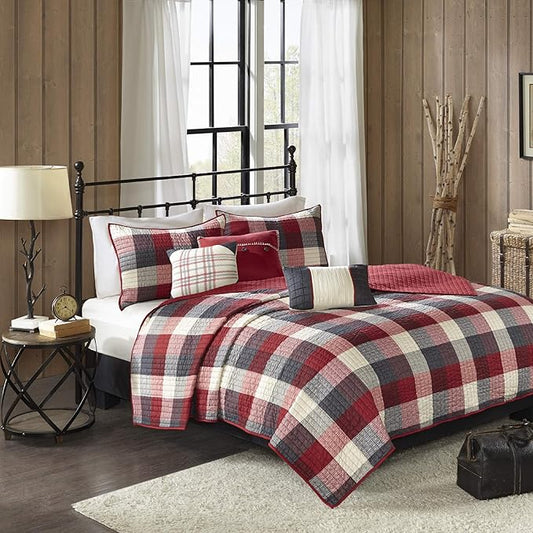Madison Park Reversible Quilt Cabin Lifestyle Plaid Design - All Season, Breathable Coverlet Bedspread Bedding Set, Matching Shams, Ridge Red King/Cal King(104"x92") 6 Piece