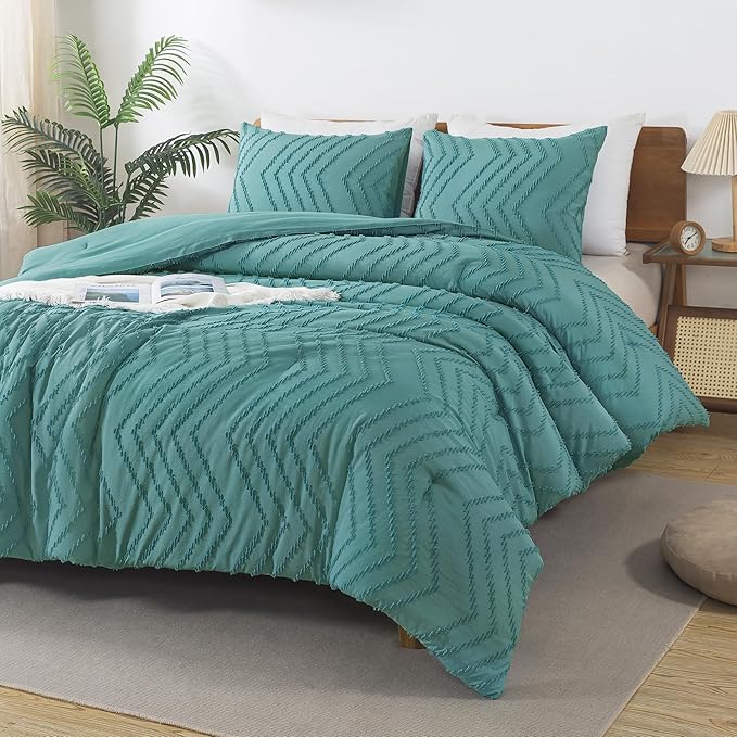 Andency Grayish Teal Twin/Twin XL Comforter Set, Twin Bed Comforter for College Dorm Girls Boys Kids Boho Soft Warm Cute Comforter, 2 Pieces Aesthetic Chevron Bohemian Bedding Set