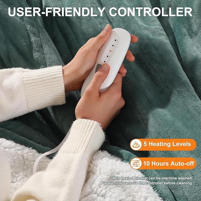 Electric Blanket Full Heated Blanket 72''X84'' - Ultra Soft Silky Flannel and Fluffy Sherpa Heating Blanket with 5 Heating Levels & 10 Hrs Timer, ETL Certified & Overheat Protection, Gifts for Grandma