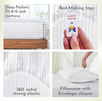 California Design Den Stripe Twin Sheets Set, 100% Cotton 12" Pocket Twin Size Sheets & Pillowcase Set. Soft Sateen Weave - Classic Stripe