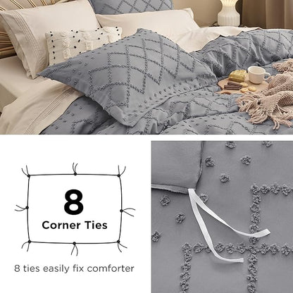 Bedsure Boho Duvet Cover Queen Size - Grey Breathable & Soft Boho Bedding, Machine Washable Comforter Cover for All Seasons, Includes 1 Duvet Cover 90"x90" with 2 Pillow Shams & Zipper Closure