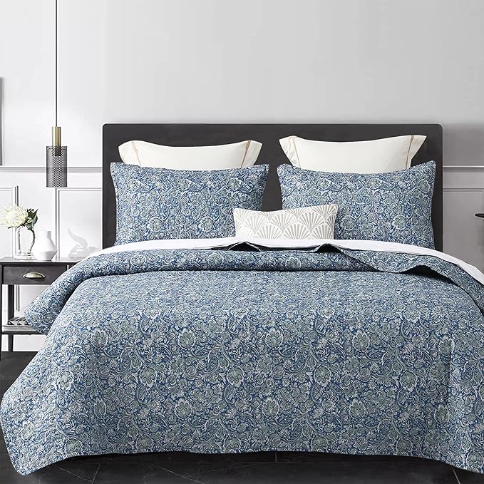 DURLENGEN Quilt Set Queen Size 3Pcs,Soft Microfiber Lightweight Bedspread,Blue & Green Paisley Floral Geometric Pattern Coverlet for All Season Layering(Queen 90x96,Paisley Blue)