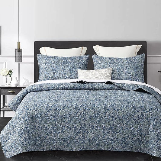 DURLENGEN Quilt Set Queen Size 3Pcs,Soft Microfiber Lightweight Bedspread,Blue & Green Paisley Floral Geometric Pattern Coverlet for All Season Layering(Queen 90x96,Paisley Blue)