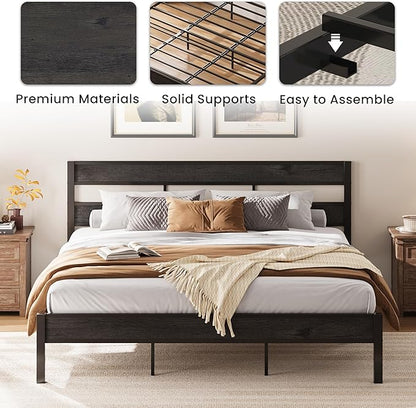 LIKIMIO King Bed Frame, with Headboard, Easy Assembly, Noise-Free, No Box Spring Needed, Heavy Strong Metal Support Frames, Charcoal Grey