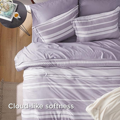 Bedsure Full Comforter Set 7 Pieces, Purple Striped Bedding Set for All Seasons, Reversible, Cationic Dyeing Bed in a Bag with Comforter, Sheets, Pillowcases & Shams