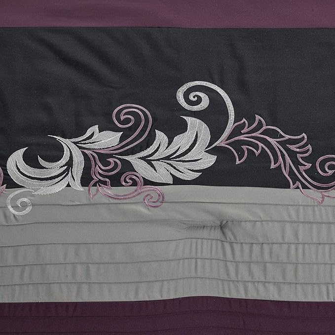 Chezmoi Collection Napa 7-Piece Luxury Leaves Scroll Embroidery Bedding Comforter Set (King, Purple/Black/Gray)