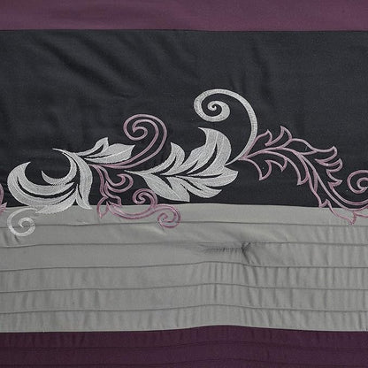 Chezmoi Collection Napa 7-Piece Luxury Leaves Scroll Embroidery Bedding Comforter Set (King, Purple/Black/Gray)