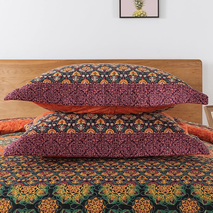 HoneiLife Quilt Sets Queen Size - 3 Pieces Microfiber Quilt Lightweight Bedspreads Wildflower Coverlets Retro Bed Cover Queen Quilt Bedding Set All Season Quilts-Pumpkin