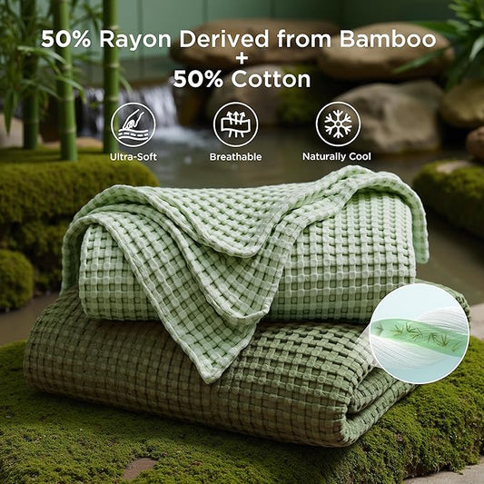 Bedsure Cooling Cotton Waffle King Size Blanket - Lightweight Summer Blanket of Rayon Derived from Bamboo for Hot Sleepers, Luxury Throws for Bed, Couch and Sofa, Sage Green, 104x90 Inches