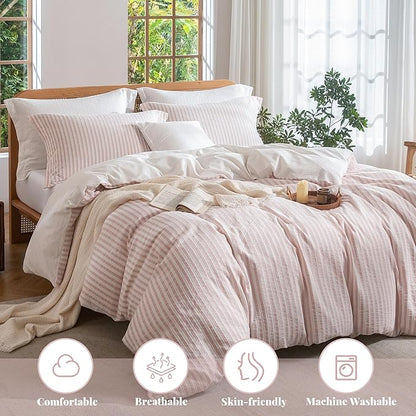 MILDLY Pink Striped Duvet Cover - 100% Washed Cotton Jacquard Textured Comforter Cover with Dual Zipper Closure & 8 Coner Ties