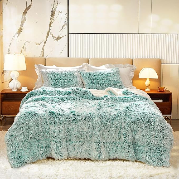 Luxury Faux Fur Shaggy Comforter Set King Size, Plush & Sherpa Reversible Comforter Teal with White, 3 Pieces Fluffy Fuzzy Bedding Set Ultra Soft and Warm for Winter (1 Comforter + 2 Pillowcases)