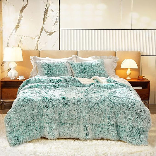 Luxury Faux Fur Shaggy Comforter Set King Size, Plush & Sherpa Reversible Comforter Teal with White, 3 Pieces Fluffy Fuzzy Bedding Set Ultra Soft and Warm for Winter (1 Comforter + 2 Pillowcases)