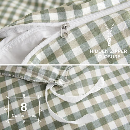 TOCOMOA Green Gingham Duvet Cover Bedding Set 100% Washed Cotton Like Linen Feel Super Soft Comfy 3 Piece Vintage Plaid Checkered Comforter Cover Set (Oversized King 120"x98", Comforter Not Included)