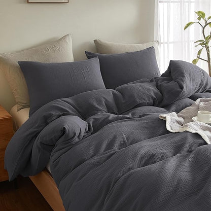 SE SOFTEXLY Muslin Duvet Cover California King Size, 100% Washed Cotton Duvet Cover Set, Ultra Soft Comforter Cover Linen Like, 3 Pieces Gauze Duvet Cover with 2 Pillowcases, 98"x104", Dark Grey