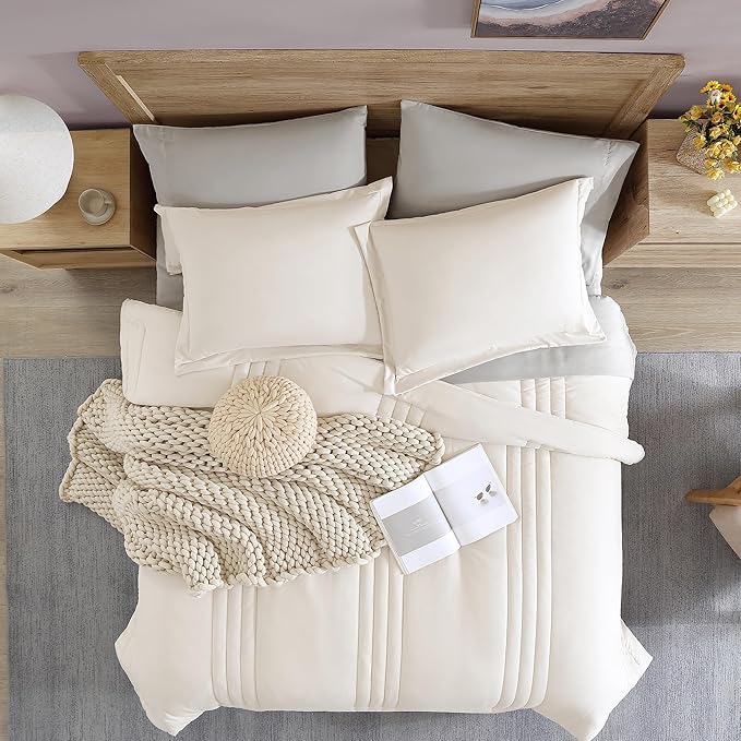 Monbix Queen Comforter Set - 7 Pieces Snow White Bed in a Bag Queen Bedding Sets with Comforters, All Seasons Comforter Bed Set with Sheets, Pillowcases & Shams
