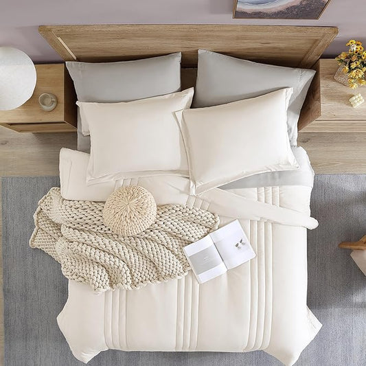Monbix Queen Comforter Set - 7 Pieces Snow White Bed in a Bag Queen Bedding Sets with Comforters, All Seasons Comforter Bed Set with Sheets, Pillowcases & Shams