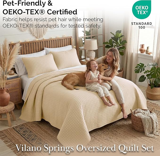 Southshore Fine Living, Inc. Quilts, Full/Queen Size Quilt Bedding Set, Easy Care Stain & Pet Hair Resistant Bedding, Coverlet Queen Size/Full Size Beige Bedspread with 2 Pillow Shams, Soft Sand