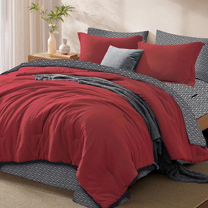 Monbix Full Size Comforter Set - 7 Pieces Bright Red Prewashed Bed in a Bag Full Bedding Sets with Comforters, All Seasons Ultra Soft Comforter Bed Set with Sheets, Pillowcases & Shams