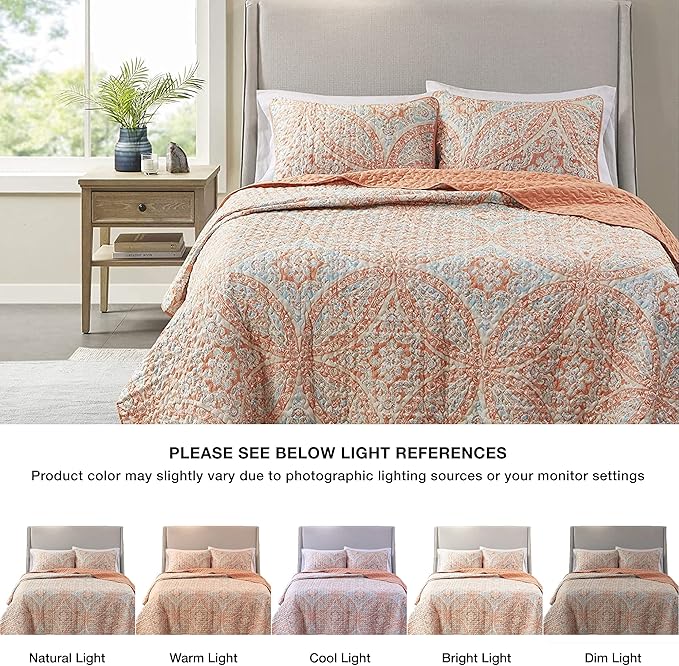 Comfort Spaces Reversible Quilt Set-Vermicelli Stitching Design All Season, Lightweight, Coverlet Bedspread Bedding, Matching Shams, Full/Queen (90 in x 90 in), Gloria Damask Coral 3 Piece
