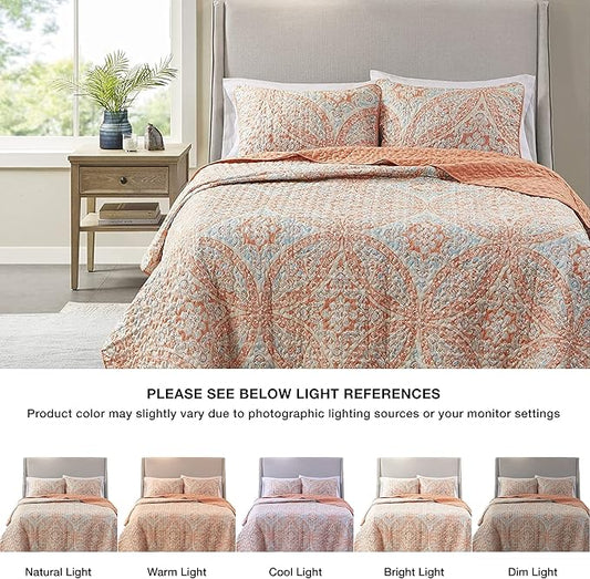 Comfort Spaces Reversible Quilt Set-Vermicelli Stitching Design All Season, Lightweight, Coverlet Bedspread Bedding, Matching Shams, Full/Queen (90 in x 90 in), Gloria Damask Coral 3 Piece