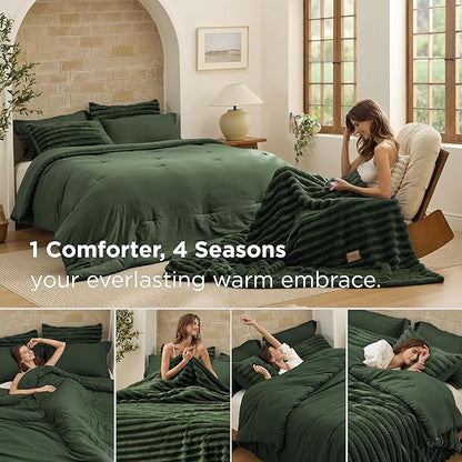 Bedsure Gentlesoft 2-in-1 King Size Comforter Set and Detachable Fluffy Blanket, Olive Green Bedding Set for All Season Use, SnapTech Design for Space Saving(Includes 2 Pillow Shams,2 Pillowcases)