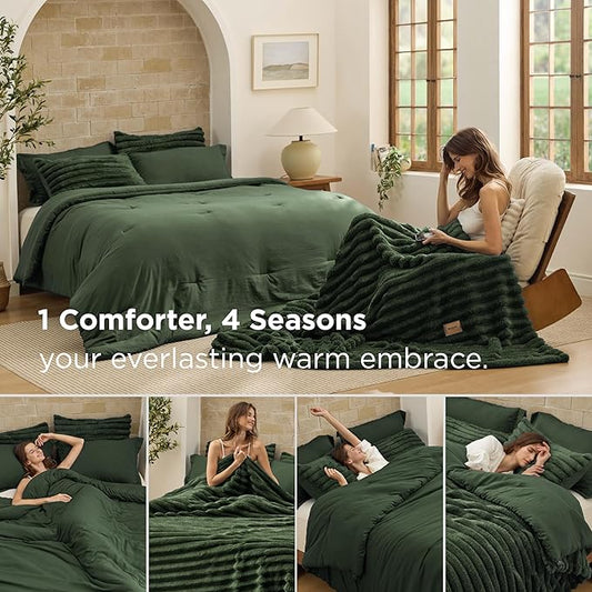 Bedsure Gentlesoft 2-in-1 King Size Comforter Set and Detachable Fluffy Blanket, Olive Green Bedding Set for All Season Use, SnapTech Design for Space Saving(Includes 2 Pillow Shams,2 Pillowcases)