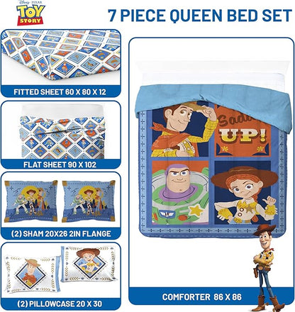 Jay Franco Kids Comforter Set Includes Sheets and Pillow Covers - Soft and Cozy Bed Set for Stylish Room Decor, Official Licensed Bedding, Blue - Toy Story, 7 Piece Queen