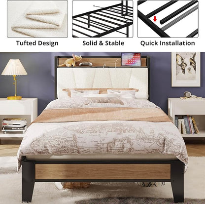 LIKIMIO Twin Bed Frames, Storage Headboard with Charging Station, Solid and Stable, Noise Free, No Box Spring Needed, Easy Assembly, Wood and Cream