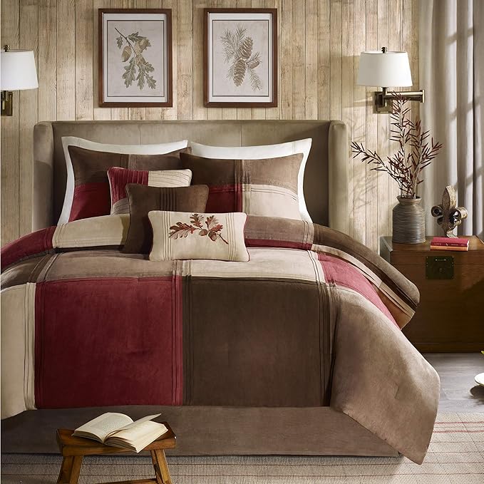 Madison Park Cozy Comforter Set Casual Blocks Design All Season, Matching Bed Skirt, Decorative Pillows, King(104"x92"), Red Brown, 7 Piece