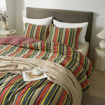 VM VOUGEMARKET Red Green Striped Duvet Cover Full Size Stylish Farmhouse Style Washed Cotton Multi-Color Stripes Bedding Set 1 Duvet Cover with 2 Pillowcases