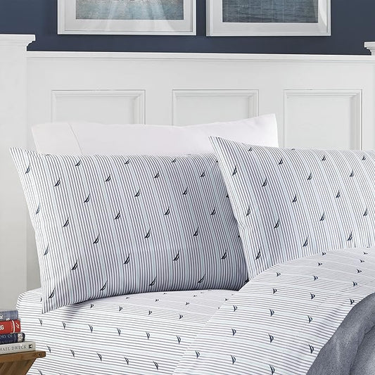 Nautica - Twin XL Size Sheet Set, Crisp & Tailored Cooling Sheets with a Smooth Cotton Percale Lightweight Feel - Bed Sheets with Matching Pillowcase & Fitted Sheet (Audley Stripe Blue)