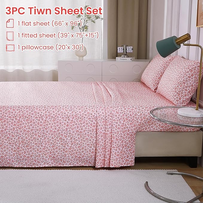 Softan Pink Floral Twin Sheet Set, 3-Piece Cozy Microfiber Leopard Printed Fitted Bed Sheet with 15" Deep Pockets & Non-Slip Straps, Kids Girls Cute Patterned Sheets & Pillowcase Set