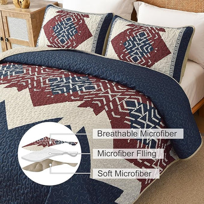 Dintszyayue Blue and Red Quilt Set King Size Boho,3 Piece Aztec Texture Bedspread Coverlet Set Soft Lightweight Bedding Set Geometric Bohemian Bedspread with 2 Pillowcases(Blue Red,90"x103")