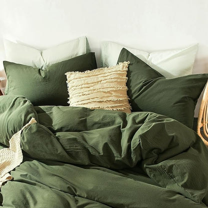 MooMee Bedding Pillowcases Pack of 2 100% Washed Cotton Linen Like Textured Breathable Durable Soft Comfy (Solid Olive Green, Queen)
