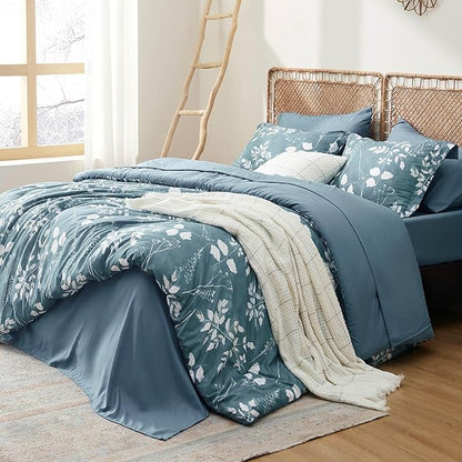 Bedsure Queen Comforter Set - 7 Pieces Floral Mineral Blue Soft Bedding Sets, Queen Bed in a Bag with Botanical Flowers Comforter, Sheets, Pillowcases & Shams