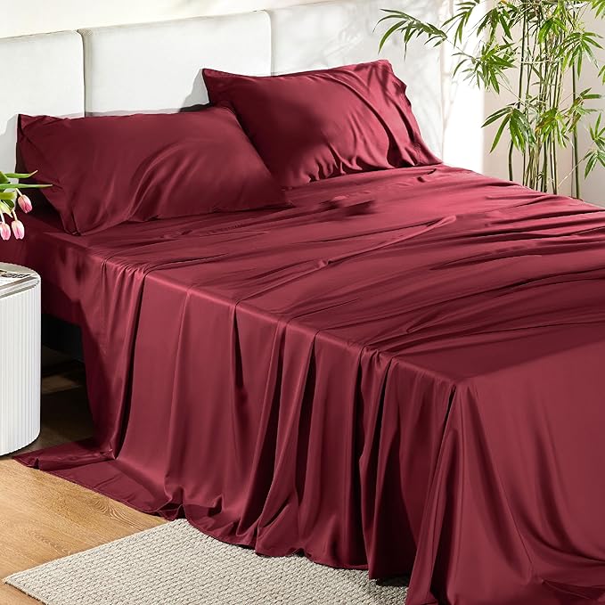 Bedsure Queen Sheet Set, Rayon Derived from Bamboo, Cooling Sheets, PureWoven, Breathable & Soft, Deep Pocket Up to 16 Inches, Hotel Luxury Silky Bedding for Hot Sleepers, Burgundy