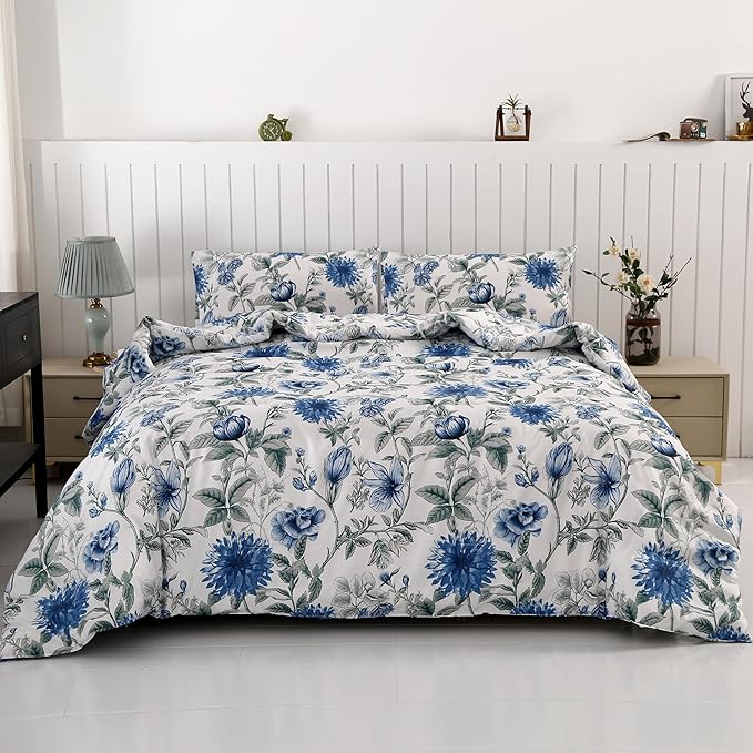 SDIII Blue Floral Comforter Set Full 3 Pieces, Soft Microfiber Cornflower Blue Comforter Full, Vintage Floral Bedding Set All Season