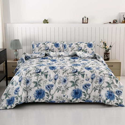 SDIII Blue Floral Comforter Set Twin 3 Pieces, Soft Microfiber Twin Comforter Floral, Vintage Blue Cornflower Bedding Set All Season
