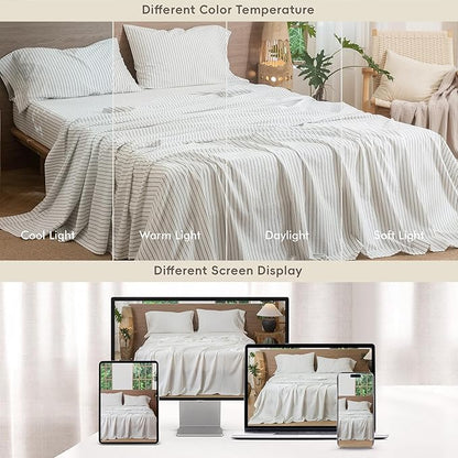 MooMee Striped Sheet Set 100% Washed Cotton Linen Like Textured Breathable Durable Soft Comfy (White Heathered Green Wide Stripes, Queen)