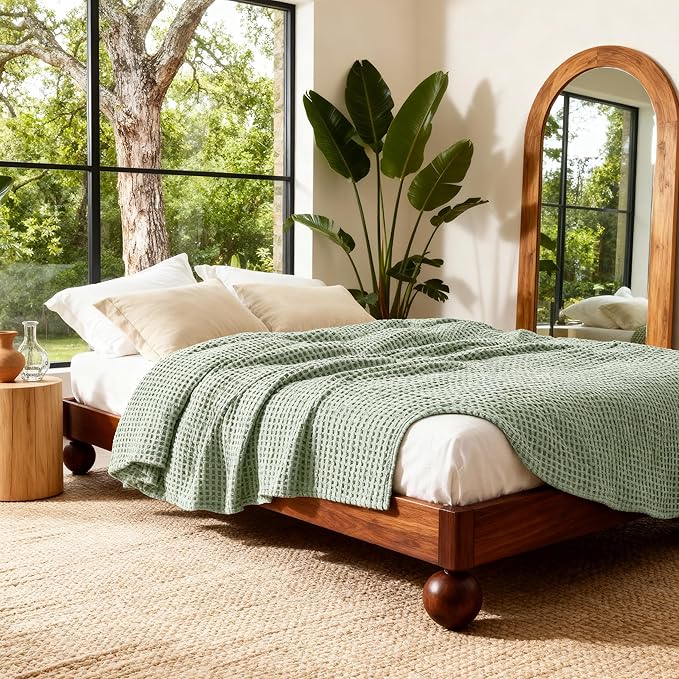 Bedsure Cooling Cotton Waffle King Size Blanket - Lightweight Summer Blanket of Rayon Derived from Bamboo for Hot Sleepers, Luxury Throws for Bed, Couch and Sofa, Sage Green, 104x90 Inches